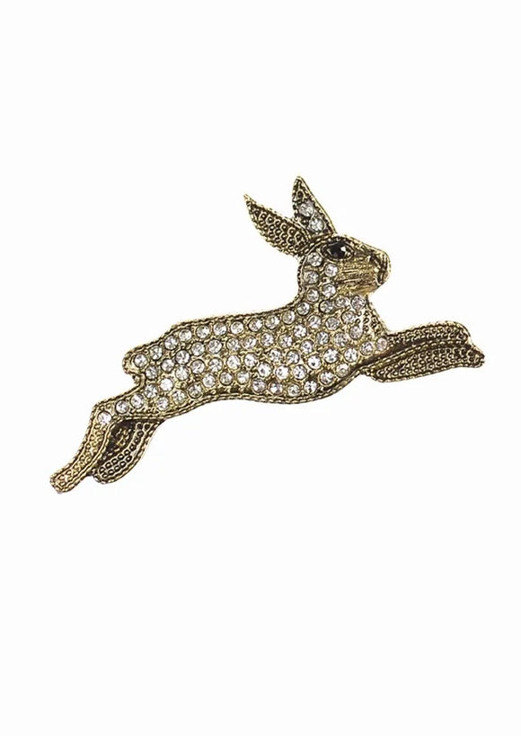 Hot Tomato | Brooch Leaping Hare - Antique Gold/Clear